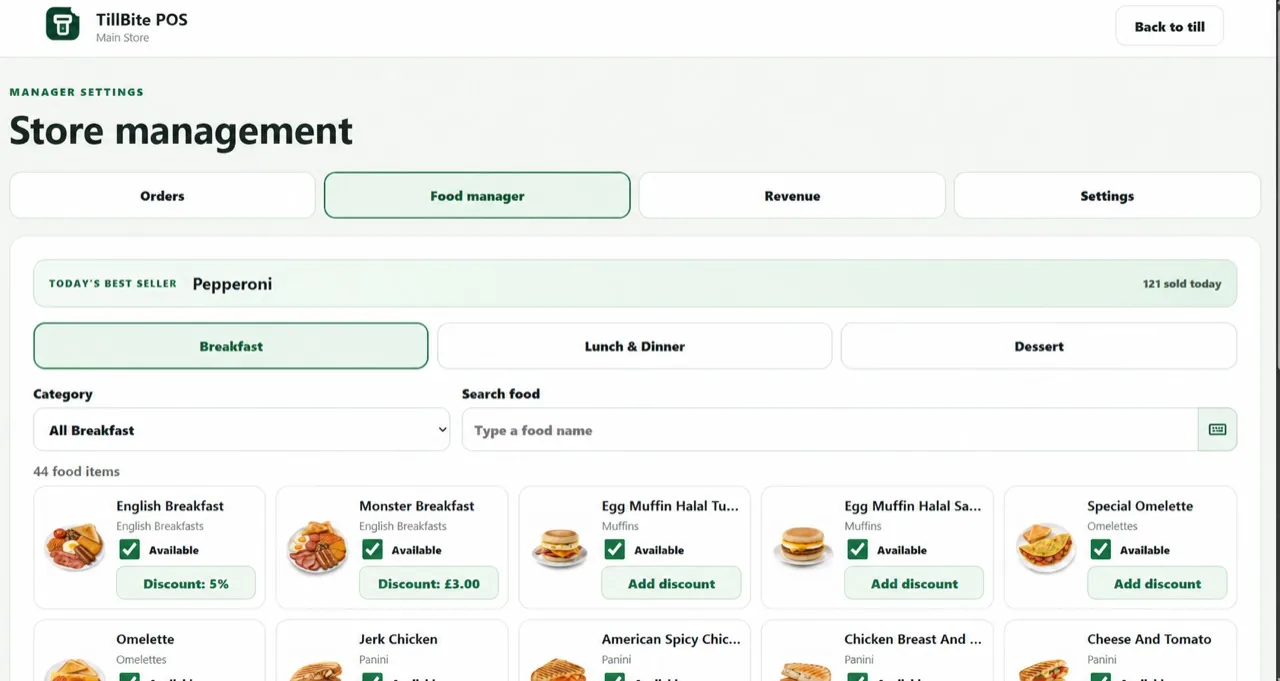 TillBite Food Manager showing categories products and availability