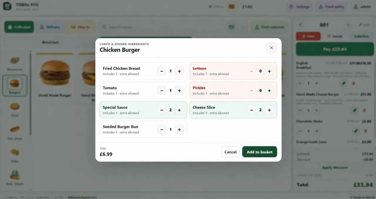TillBite ingredient options for a chicken burger