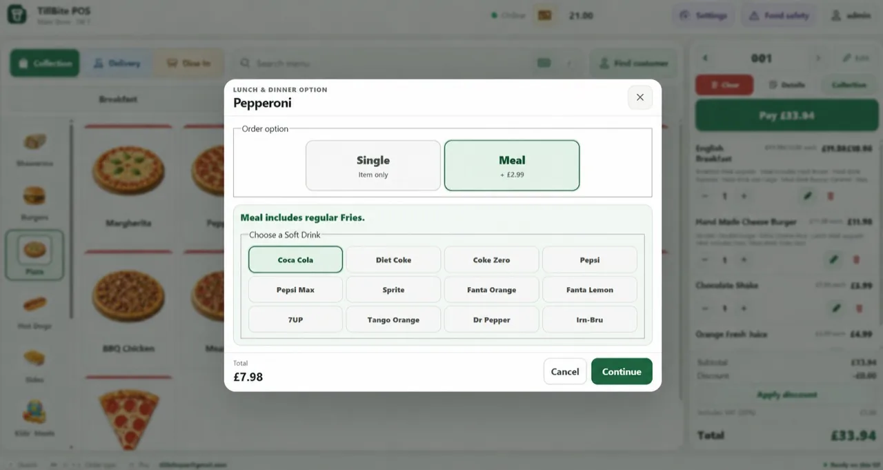 TillBite meal upgrade and drink selection screen