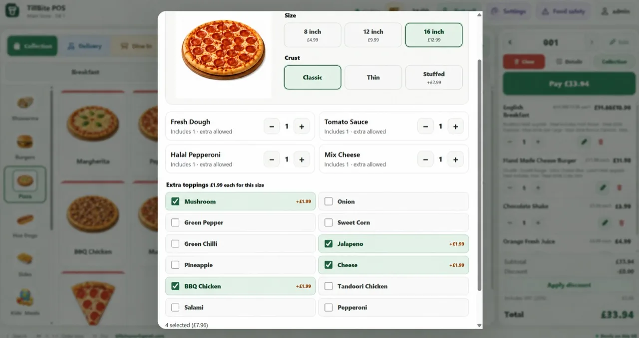TillBite pizza builder with size crust and extra toppings